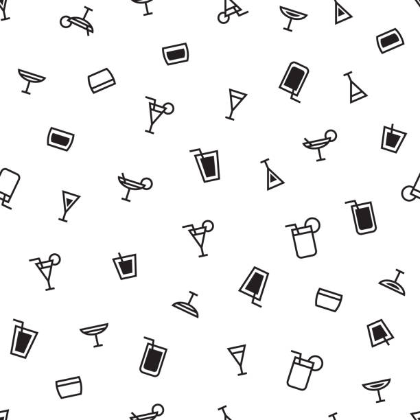 ilustrações, clipart, desenhos animados e ícones de padrão sem emenda de bebidas alcoólicas monocromáticas minimalistas em estilo plano. pronto para usar para pano, têxtil, envoltório e outros. - thailand restaurant cocktail bar