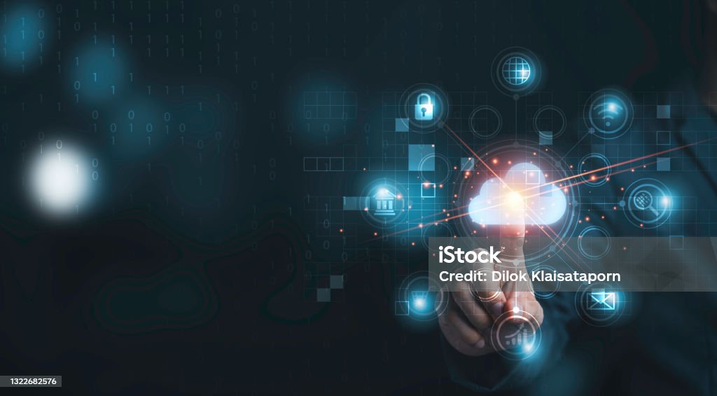 Hand touching infographic cloud computing and technology icons , cloud technology is centralise collect lifestyle and confidential information such as internet banking , password and shopping. Cloud Computing Stock Photo
