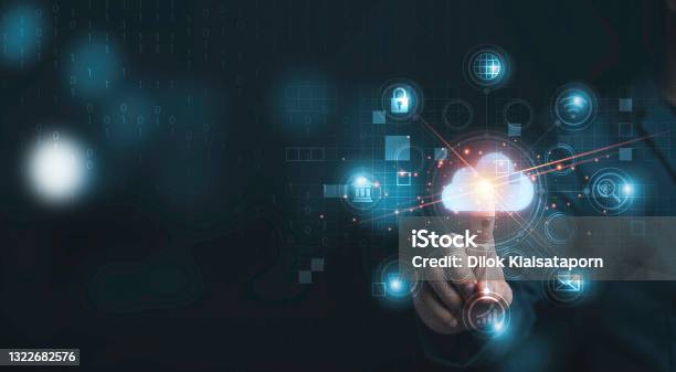 Hand Touching Infographic Cloud Computing And Technology Icons Cloud Technology Is Centralise Collect Lifestyle And Confidential Information Such As Internet Banking Password And Shopping Stock Photo - Download Image Now