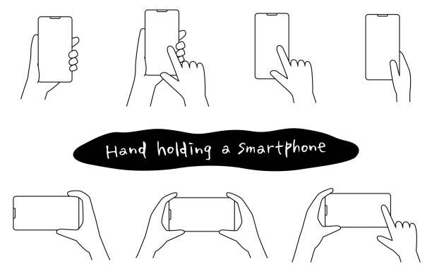 스마트폰을 들고 있는 손의 라인 드로잉 일러스트 - sketching drawing human hand horizontal stock illustrations