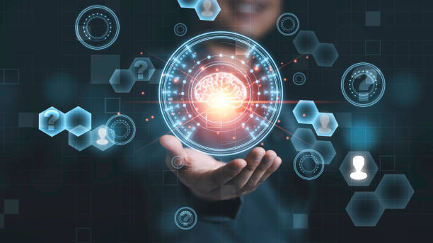 istock Businessman holding virtual brain with infographic for creative smart thinking idea and Artificial intelligence concept. 1322683195