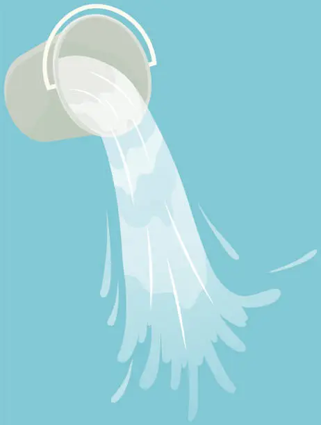Vector illustration of Bucket with clear fresh or salt water pouring out of it. Container with liquid inside spills
