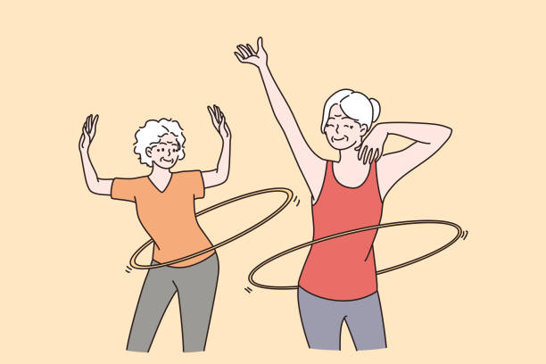 Elderly people active lifestyle concept Elderly people active lifestyle concept. Two smiling happy healthy mature aged women friends making sport workout and rolling hoops on waists vector illustration cartoon of the older people exercising gym stock illustrations