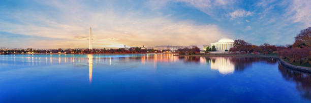 Jefferson Memorial and Washington Monument reflected on Tidal Basin in the morning. Jefferson Memorial and Washington Monument reflected on Tidal Basin in the morning, Washington DC, USA. Panoramic image washington dc stock pictures, royalty-free photos & images