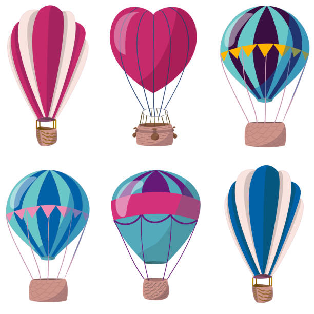 Set of hot air balloons. Flat vector illustration for web design, stationery, flyers, kids goods Set of hot air balloons. Flat vector illustration. Collection of colorful elements for web design, stationery, flyers, cards and children goods. hot air balloon stock illustrations