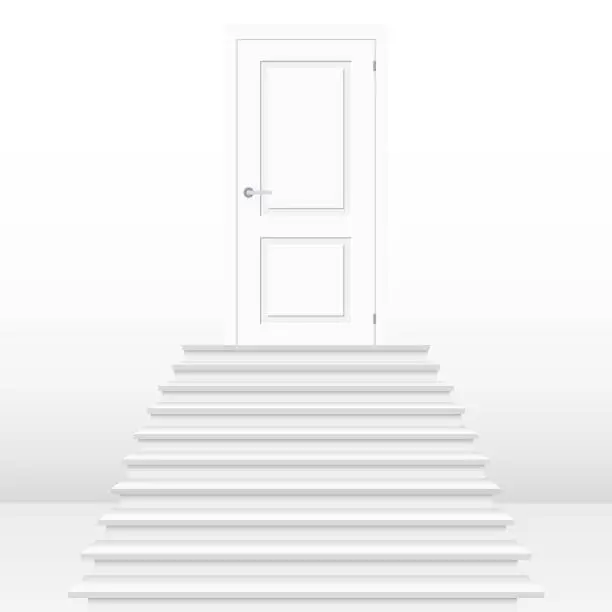 Vector illustration of Straight stairway leading to closed door. White wooden door and stairs. Concept of success