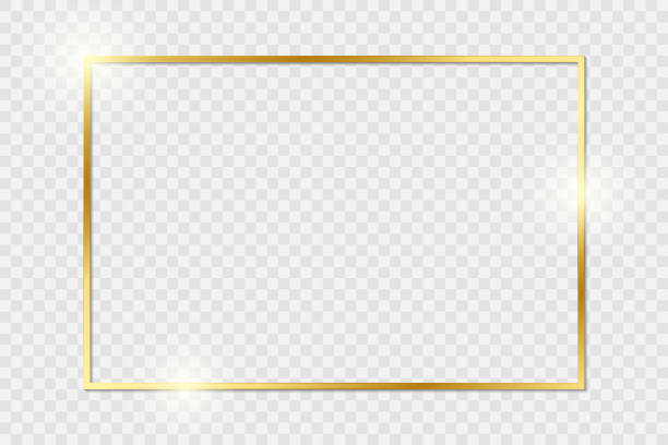 Gold shiny glowing vintage frame with shadows isolated on transparent background. Golden luxury realistic rectangle border. Vector illustration. JPG Gold shiny glowing vintage frame with shadows isolated on transparent background. Golden luxury realistic rectangle border. Vector illustration. JPG frame border borders stock illustrations