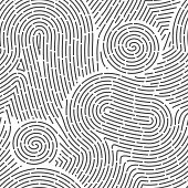 istock Seamless finger print. Black and white macro pattern. Unique thumbs marks. Personal biometric data. Scanning technology. Police evidence. Vector background with curved lines and curls 1322687817