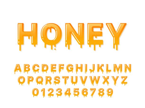 ilustrações de stock, clip art, desenhos animados e ícones de honey font. flowing syrup capital letters and numbers with droplets. melting design alphabet. sweet and stringy uppercase symbols set. liquid alphabetical signs. vector calligraphy - stringy