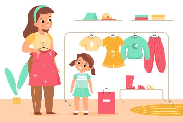 ilustrações de stock, clip art, desenhos animados e ícones de kids clothing store. girl with mother in boutique. family shopping. mom helps daughter choose dress. child and parent buy garments. clothes rack with hanger. vector baby tries clothes - boutique shopping retail mother