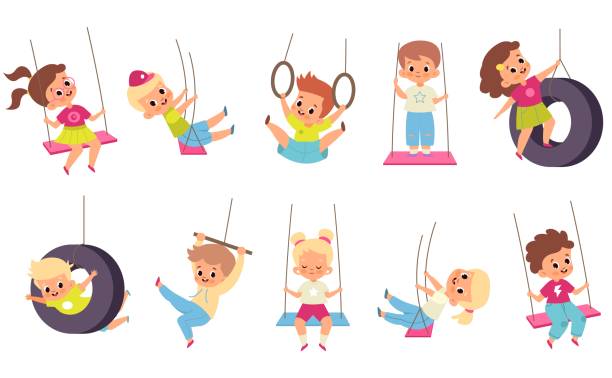 ilustrações de stock, clip art, desenhos animados e ícones de rope swings kids. cartoon boys and girls flying on seesaw. types set of children carousels. babies play on playground.. people walk and have fun in park. vector outdoor activities - preschooler playing family summer