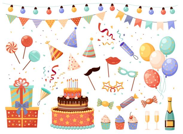 illustrations, cliparts, dessins animés et icônes de décorations de fête d’anniversaire. ensemble d’éléments de vacances de dessin animé. drapeaux ou guirlandes légères. masques et cadeaux de carnaval. craquelins aux confettis. tas de ballons. vector desserts sucrés festifs - party hat party birthday confetti