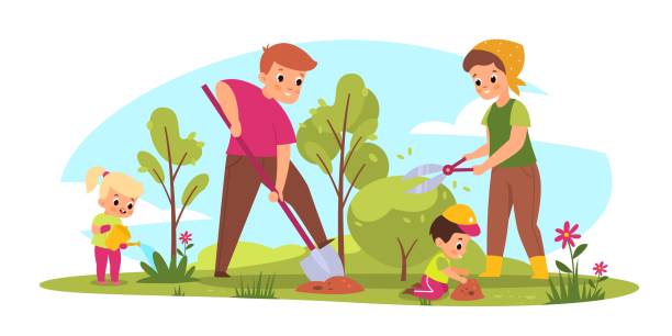 Family gardening. Parents and children take care of plants. Seasonal farm work. Mother cuts bush. Father digs ground. Kids watering and planting flowers. Vector outdoor people activities Family gardening. Cartoon parents and children take care of plants. Seasonal farm work. Mother cuts bush. Father digs ground. Kids watering and planting flowers. Vector outdoor people group activities farmer son stock illustrations