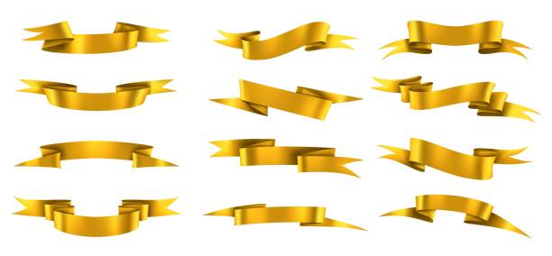 istock Golden ribbon. Realistic gold curved ribbons collection, empty shine yellow paper decorative element, festive wavy elegance tapes, blank decor vector isolated on white templates set 1322687841