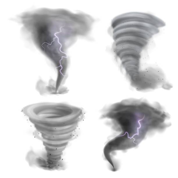 kasırga girdabı. gerçekçi kasırga, yıldırım ile 3d twister fırtınası. kasırga hava hunileri ayarlandı. doğal afet. yıkıcı fenomen. spiral rüzgar hareketi. vektör felaketi - hurricane stock illustrations