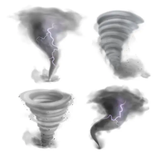 Vector illustration of Hurricane vortex. Realistic tornado, 3D twister storm with lightning bolt. Whirlwind air funnels set. Natural disaster. Destructive phenomenon. Spiral wind motion. Vector catastrophe