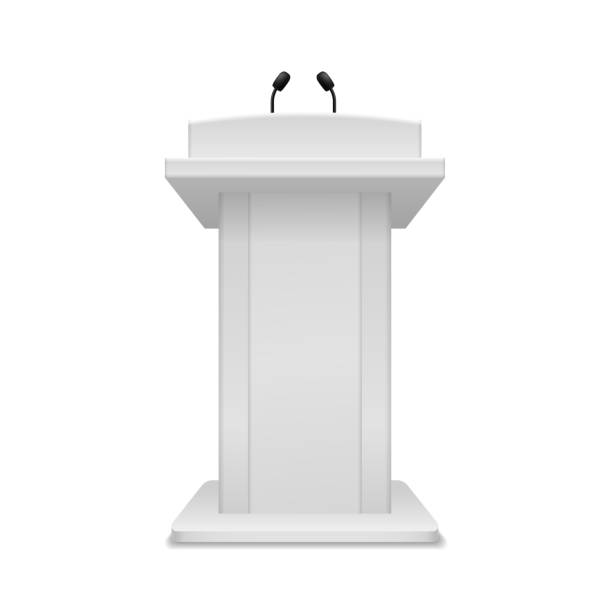 istock Podium speaker. Debate tribune white stand with microphone front view. Pedestal for lecture, award ceremony, press interview and political debate 3d empty platform for speakers vector illustration 1322687850