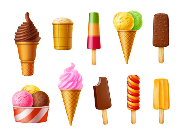 Ice Cream Set Ice cream set. Realistic vector illustration. Popsicles, ice cream cone, chocolate ice cream. ice cream stock illustrations