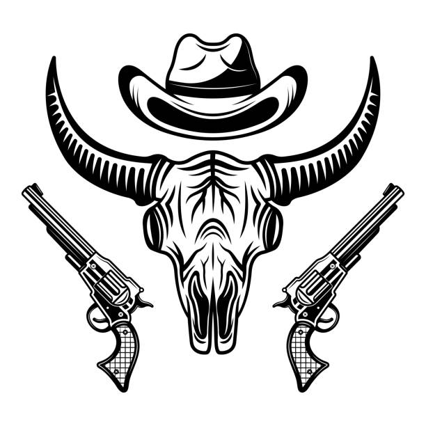 illustrations, cliparts, dessins animés et icônes de crâne de buffle, chapeau de cow-boy et deux pistolets vecteur illustration noire isolée sur fond blanc - animal skull cow animal black background