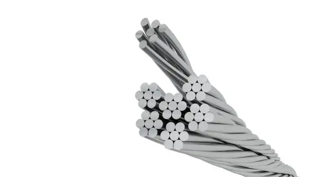 Photo of Decadent bare aluminum cable isolated on white background. Aluminum cable electric of high voltage isolated on white background. clipping part. 3d render.