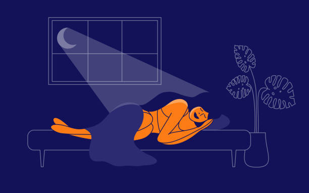 Healthy sleep vector illustration with young woman sleeping in bed in moon light from window Healthy sleep, sweet dream at home. Young woman sleeping in bed or sofa under blanket. Girl relaxing in bedroom in moon light from window. Night room interior. Bedtime, rest time vector illustration sofa bed stock illustrations