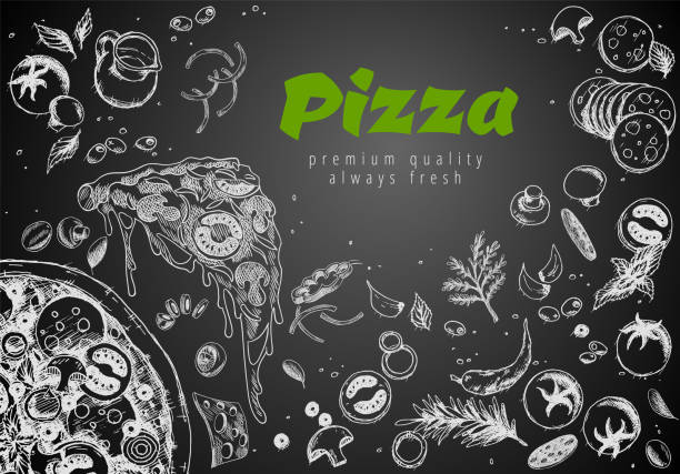 Hand drawn pizza line banner. Engraved style chalk doodle background. Savoury pizza ads with 3d illustration rich toppings dough. Tasty vector banner for cafe, restaurant or food delivery service Hand drawn pizza line banner. Engraved style chalk doodle background. Savoury pizza ads with 3d illustration rich toppings dough. Tasty vector banner for cafe, restaurant or food delivery service. engraving food onion engraved image stock illustrations