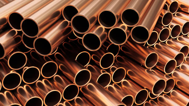 istock Industry production for plumbing. Copper pipes background. 3d render. 1322691810