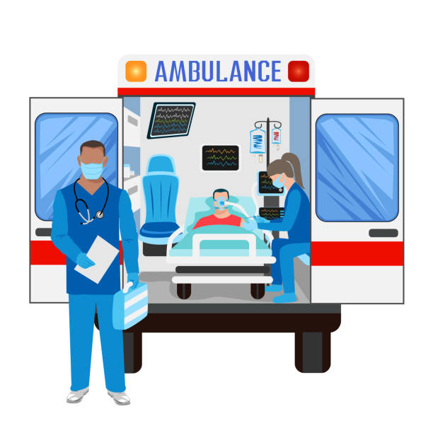 ilustraciones, imágenes clip art, dibujos animados e iconos de stock de los paramédicos asisten a un paciente en una ambulancia - medicina de emergencia