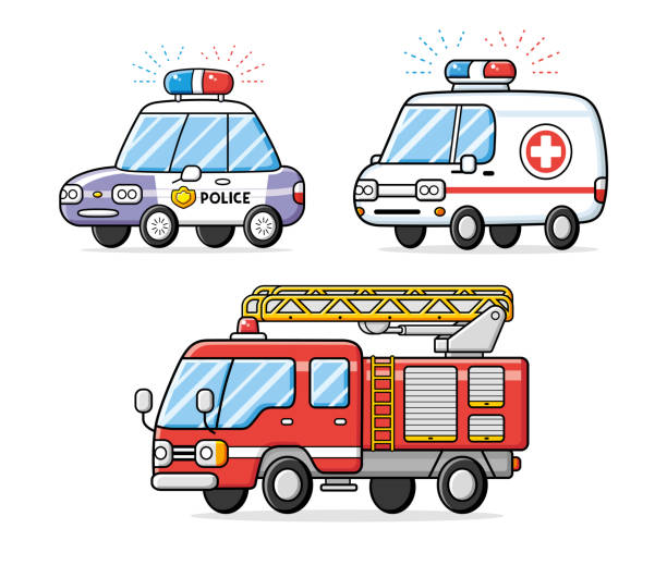 полицейская машина, машина скорой помощи и пожарная машина. - полицейская машина stock illustrations