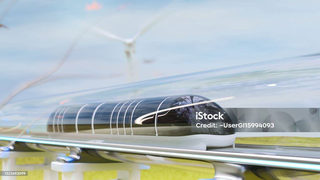 Clean energy with Hyperloop innovation, magnetic levitation train moving, and nature background. Future technology of transportation. 3d render. Futuristic Stock Photo