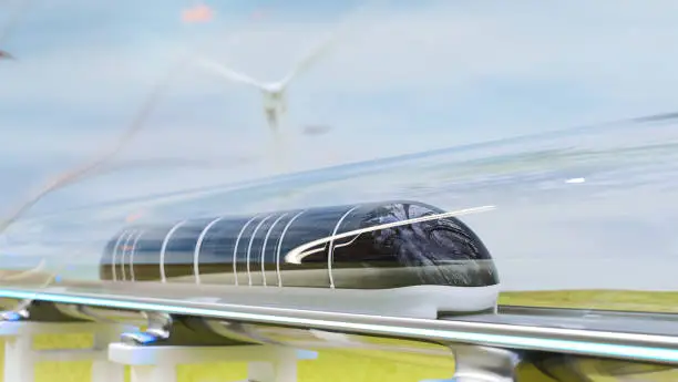 Clean energy with Hyperloop innovation, magnetic levitation train moving, and nature background. Future technology of transportation. 3d render.