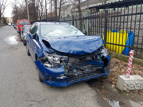 Krakow, Poland - March 10, 2019 Car after an accident, broken bumper and the front of the car