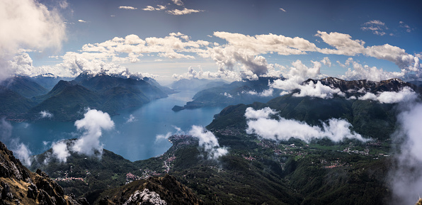 Landscape of Como Lake from high mountain, Italy.