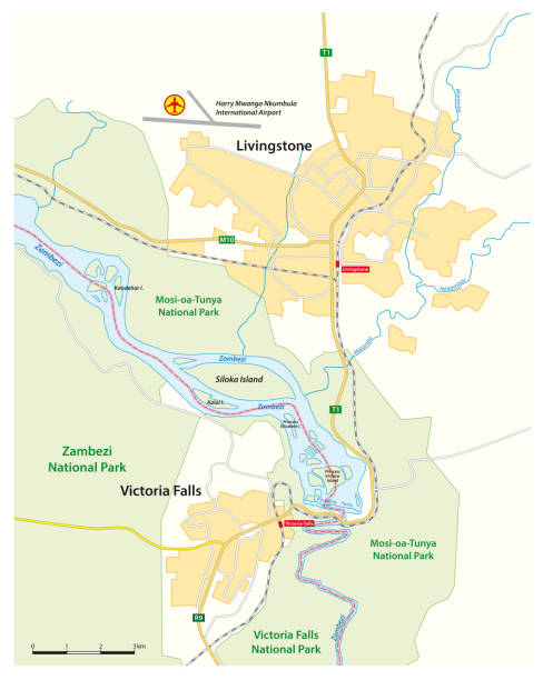 ilustraciones, imágenes clip art, dibujos animados e iconos de stock de mapa vectorial de las cataratas victoria en el río zambeze, samia, zimbabue - livingstone island