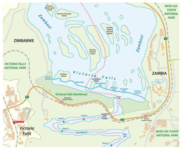ilustraciones, imágenes clip art, dibujos animados e iconos de stock de mapa vectorial de las cataratas victoria en el río zambeze, samia, zimbabue - livingstone island
