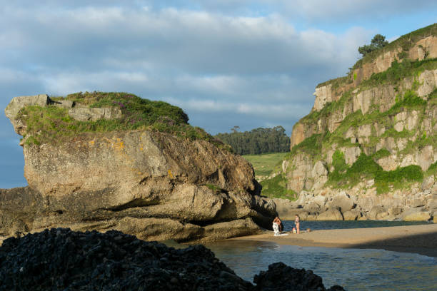 Sunset in Estaño beach in the council of Gijon, Asturias. Travel. Holidays. Vacations. Geology.
