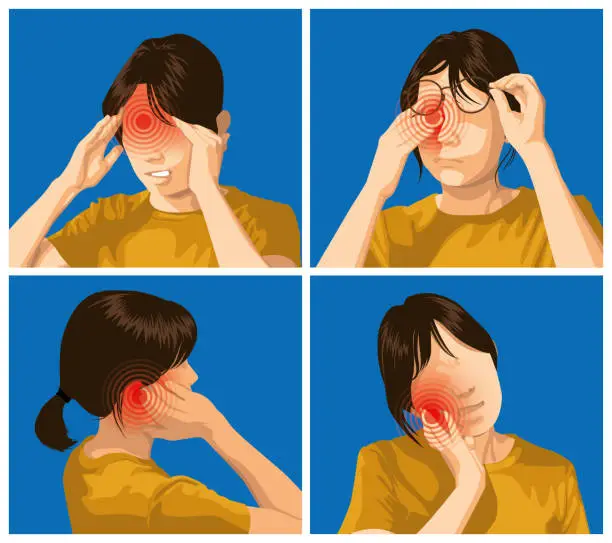 Vector illustration of Pain and injuries in body parts. woman is feeling pain in head, eye, ear and teeth.