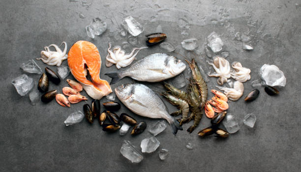 Raw fresh caught seafood products in assortment laid on ice Seafood in assortment laid on ice, raw prawns, octopus, salmon steak and mussels on stone surface, top down view catch of fish stock pictures, royalty-free photos & images