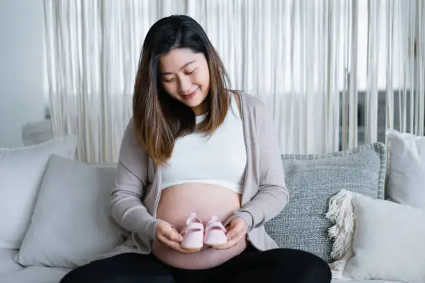 Smiling young Asian pregnant woman sitting on the sofa at cozy home, holding a pair of pink baby shoes against her belly. Mother-to-be. Expecting a new life concept