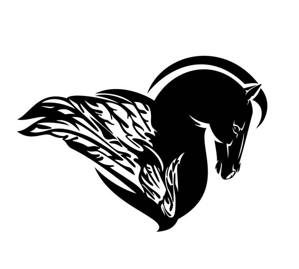 pegasus skrzydli profil konia profil czarno-biały projekt wektora - mythology horse pegasus black and white stock illustrations