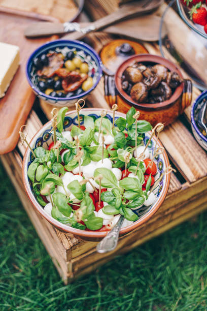 insalata gourmet al tavolo da picnic - appetizer tomato food salad foto e immagini stock