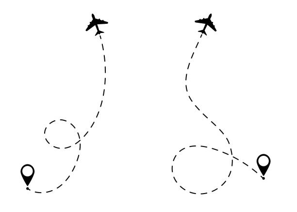 koncepcja podróży samolotem z pinezkami na mapie. ikona ścieżki linii. koncepcja lub motyw punktu startowego lotu. samoloty i symbole wskaźnika mapy ilustracja wektorowa - lead theme stock illustrations