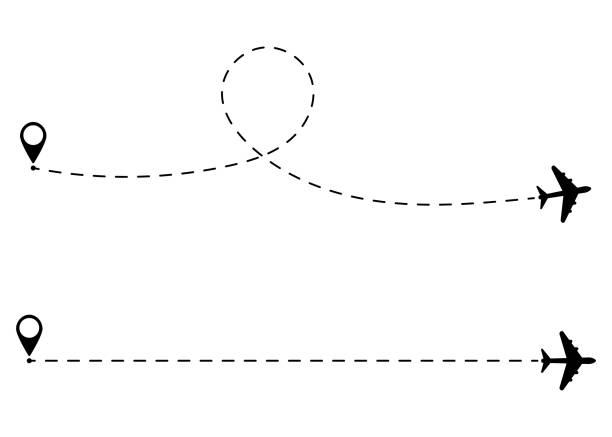 koncepcja podróży samolotem z pinezkami na mapie. ikona ścieżki linii. koncepcja lub motyw punktu startowego lotu. samoloty i symbole wskaźnika mapy ilustracja wektorowa - lead theme stock illustrations