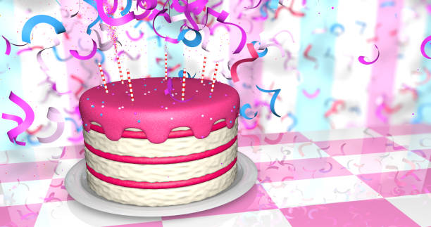 Red and white birthday cake with red cream and candles on a reflective pink and white table, there is an explosion of confetti from the back on red and blue wall. 3D Illustration
