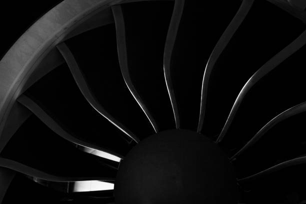 Plane background. Airplane turbine blades close-up. Airplane engine. Turbines blade stock photo