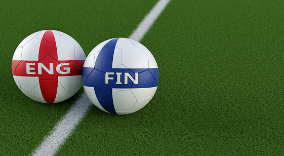 England vs. Finland Soccer Match - Leather balls in England and Finland national colors on a soccer field. Copy space on the right side - 3D Rendering
