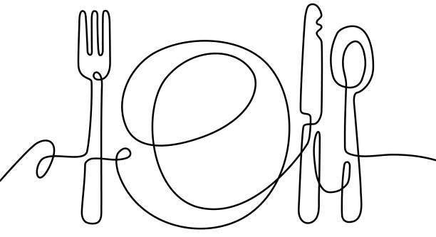 illustrazioni stock, clip art, cartoni animati e icone di tendenza di piatto, cucchiaio, forchetta e coltello disegnati a mano disegno continuo a una riga - table knife silverware black fork
