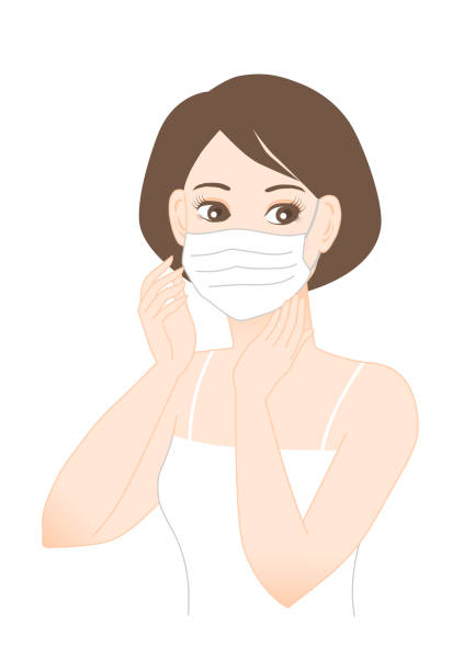 frau trägt eine gesichtsmaske zur vorbeugung. schutz vor infektionskrankheiten. kältevorsorge. heuschnupfen vorbeugen. vektor-illustration. - white background beauty and health flower human hand stock-grafiken, -clipart, -cartoons und -symbole