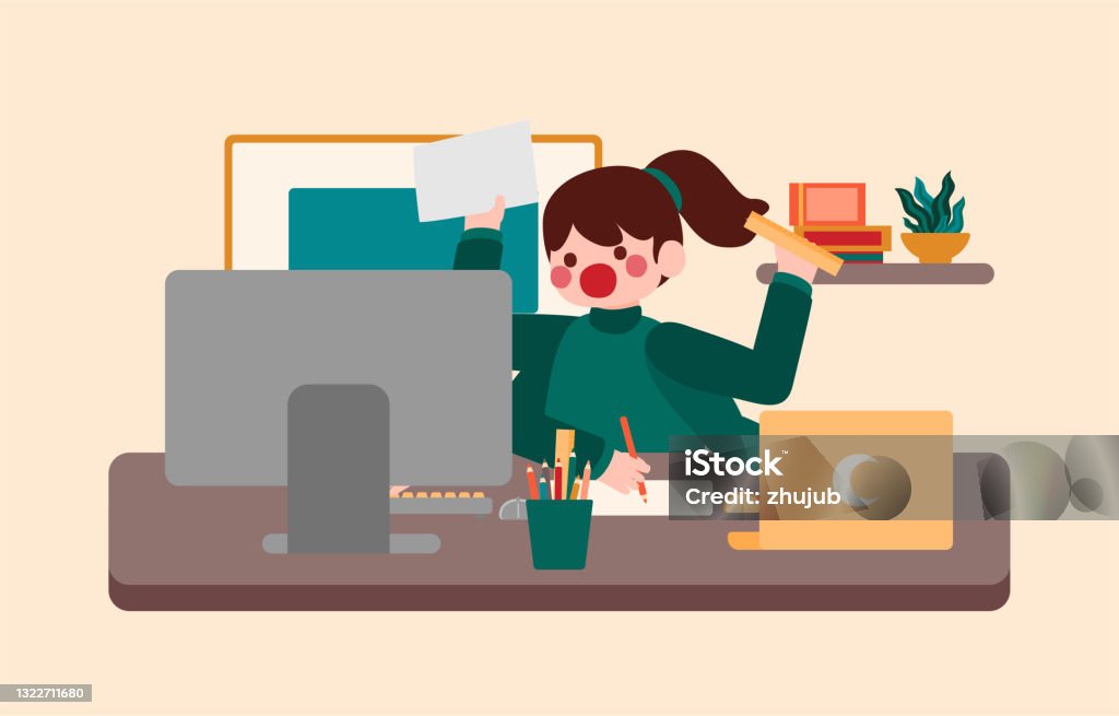 Working Woman Work Multitasking Activities Vector Illustration Stock ...