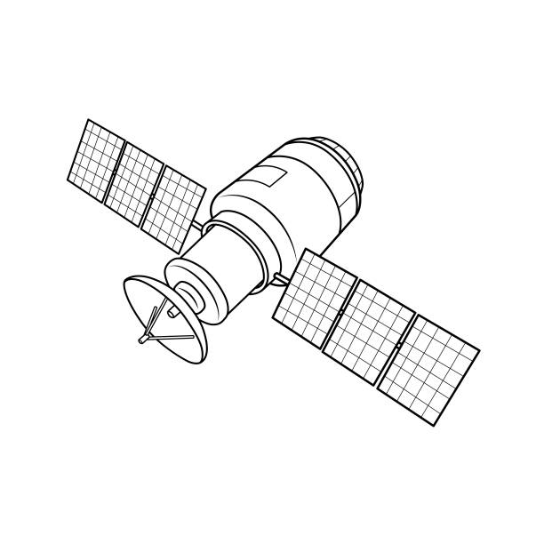 черно-белый спутниковый снимок для раскраски мультфильмов для детей. которая является векторной иллюстрацией для дошкольного и домашнего  - solar equipment audio stock illustrations